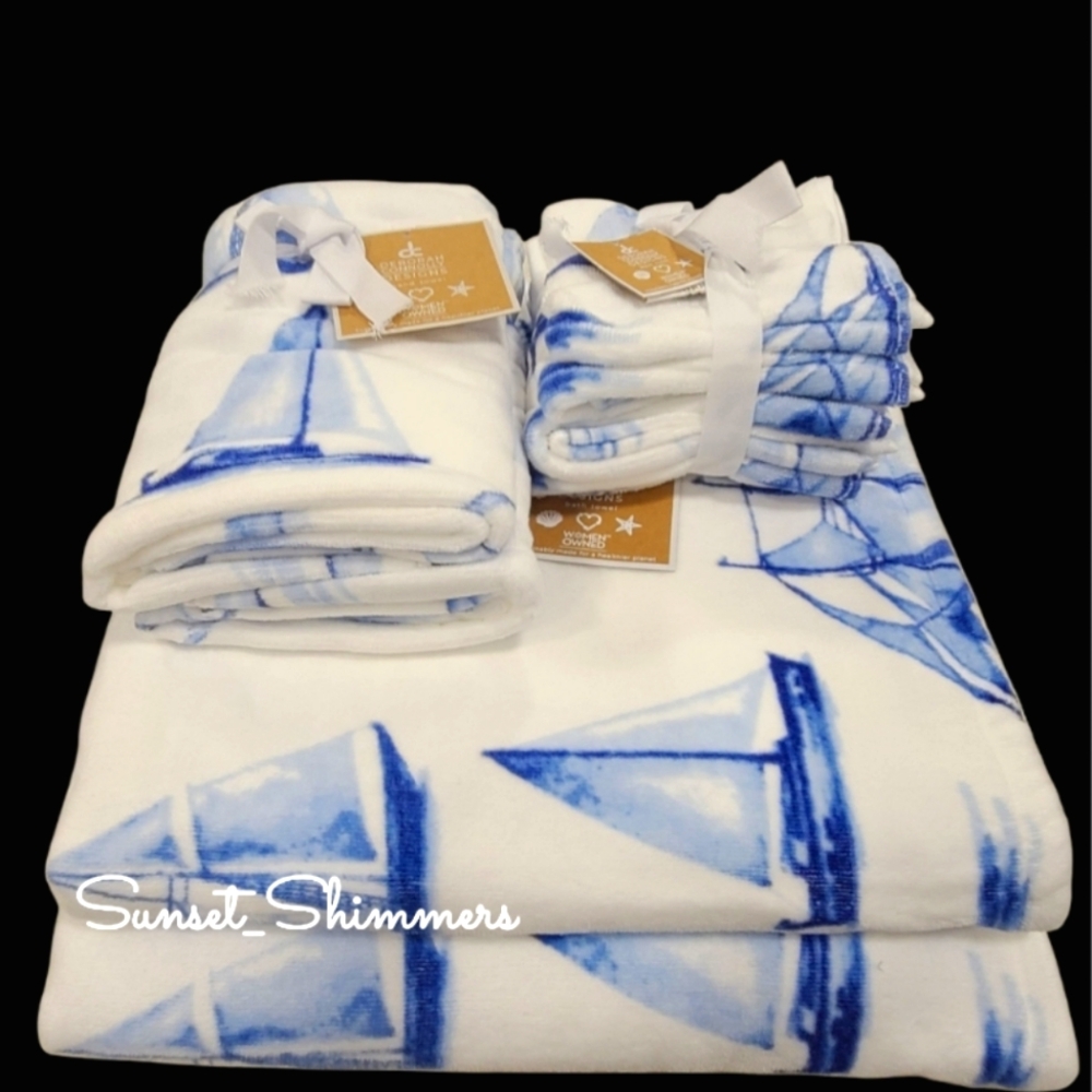 x8 Sailboat Schooner Boat Velour Bath Hand Washcloth Towel Set Nautical Coastal - Picture 11 of 11